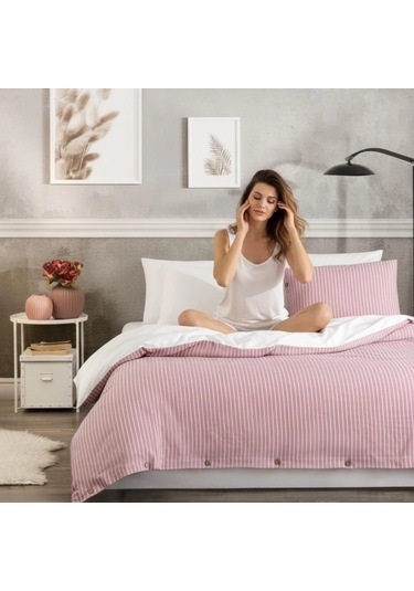 Çift Kişilik %100 Pamuk Ranforce Düğmeli Nevresim Takımı Lastikli Çarşaflı 200x220 Cm Pembe Pembe