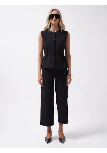 Kuşaklı Dokuma Yelek Siyah