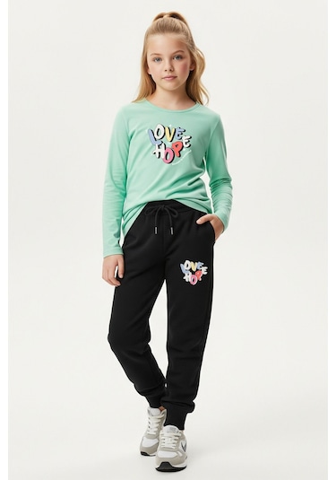 Yuvarlak Yaka Love Baskılı Kız Çocuk Alt-üst Takım Su Yeşili