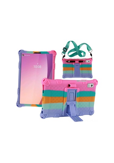 Jeemson Lenovo Tab M9 İçin Silikon Korumalı Kılıf - Şık Pembe + Askı Kordon + Dokunmatik Kalem - Anti-şok Esnek Kapak