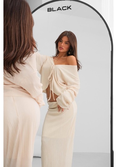 Düşük Bel Maxi Boy Etek Bej