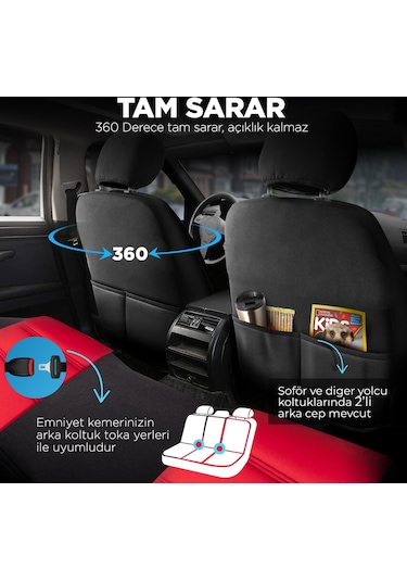 Panda Special Serisi Jakar Kumaş Oto Koltuk Kılıfı - Kırmızı - Siyah