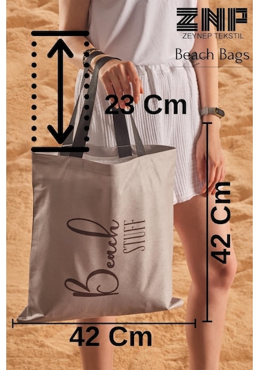 Beach Stuff Desen Baskılı Plaj Çantası Bej