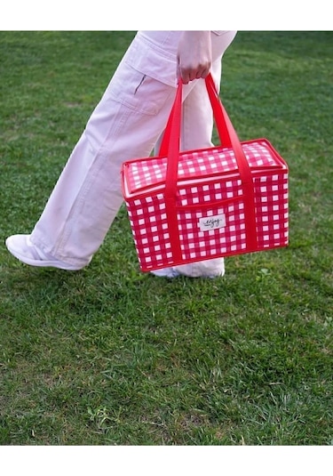 2 Adet Termo Lüks Piknik Çantası Kırmızı Ekoseli 35 X 20 X 20 Cm Kırmızı