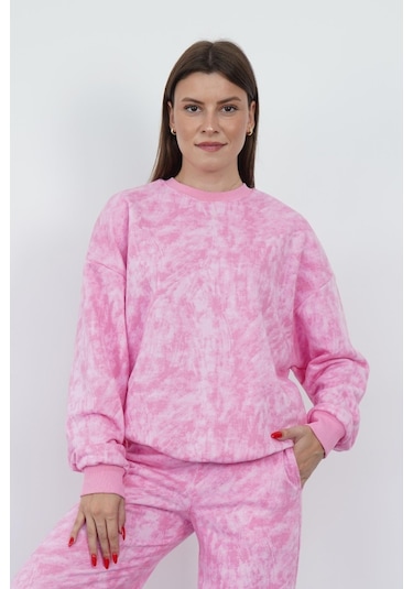 Penyebizden Valeria Kadın 3 İplik Şardonsuz Pamuk Oversize Bisiklet Yaka Sweatshirt-pembe Baskılı