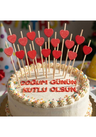 Uzun Kürdan Bambu Süslü Kırmızı Kalp 12'li Pasta Ve Sunum Kürdanı