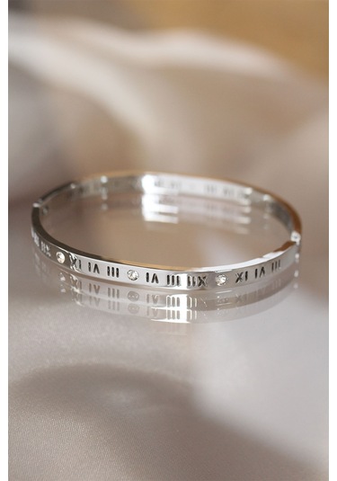 Zarif Bilekler İçin Roma Rakamlı Silver Çelik Bilezik Kelepçe Gri
