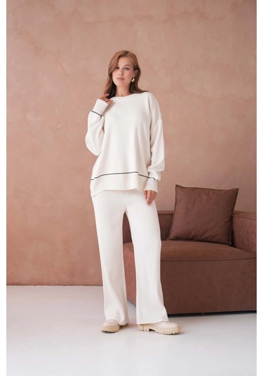 Kadın Bisiklet Yak Adüşük Kol Kazak Fitilli Pantolon İkili Triko Takım Taş