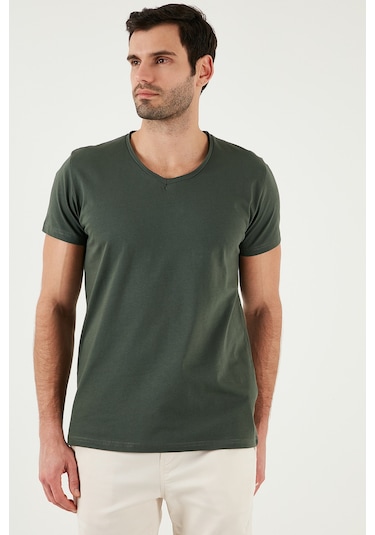 Buratti Pamuklu Slim Fit V Yaka Basic Erkek T Shirt 5412001 Haki