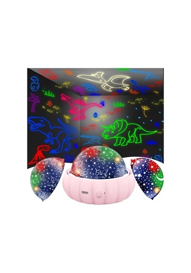 Fochsia Pembe 3ü1 Arada Dinozor Ve Galaksi Projeksiyon Gece Lambası - 360 Dönen Renk Değiştiren Pembe