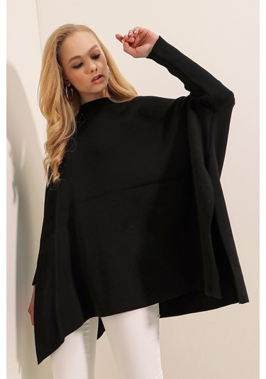 Bigdart 15783 Yırtmaçlı Panço Kazak - Siyah 001