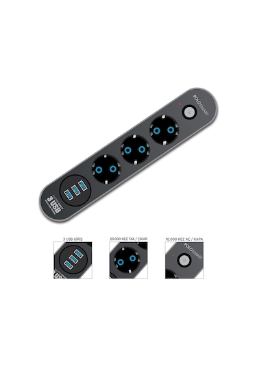 Polosmart MP07 3'lü Siyah Akım Korumalı Grup Priz Ve 3'lü Usb