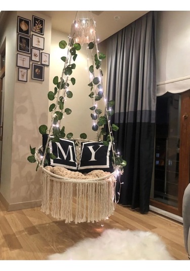 Makrome Özel Örgü Salıncak Hamak Pamuk İp 60 X 80 Turkuaz Yastık Ekru