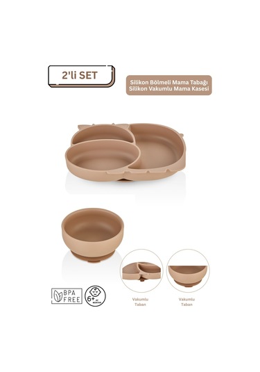 2'li Silikon Bebek Beslenme Seti / Bölmeli Mama Tabağı / Mama Kasesi - Moka Mocca