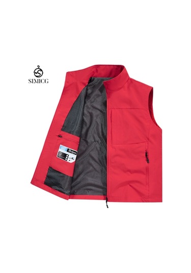 İlkbahar/yaz Erkek Günlük Çok Cepli Yelek, Bol Kesimli Su Geçirmez Hızlı Kuruyan Ceket, Dik Yaka Yelek Kırmızı