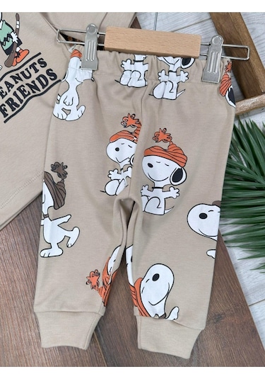 Bisiklet Yaka Peanuts Friends Baskılı Alt Üst Pijama Takımı 4bb2 Krem
