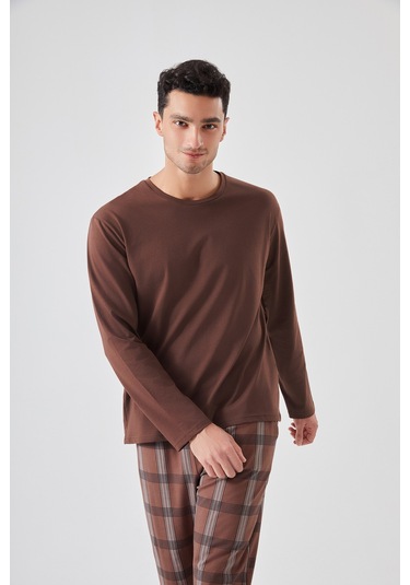 Erkek Pamuklu Uzun Kollu Ekose Desenli Pijama Takımı Ke77614 Kahverengi