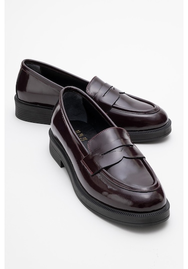 Pline Bordo Rugan Hakiki Deri Kadın Loafer Ayakkabı Bordo Rugan