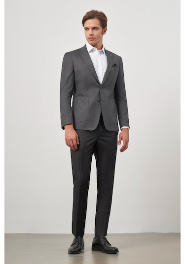 Koyu Antrasit Kazayağı Desen Bez Ayağı Mono Yaka Tam Astar Çift Yırtmaç 2 Düğme 6 Drop Slim Fit Classic Ceket 1002245106 Koyu Antrasit