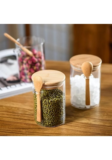 Qerhome Borosilikat Cam Bambu Kapaklı Ve Bambu Kaşıklı Baharat Seti 6 Adet 450ml ŞEffaf