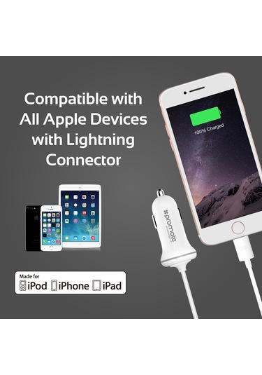 Promate Iphone Lightning Araç Çakmak Şarj Cihazı MFI Onaylı Beyaz