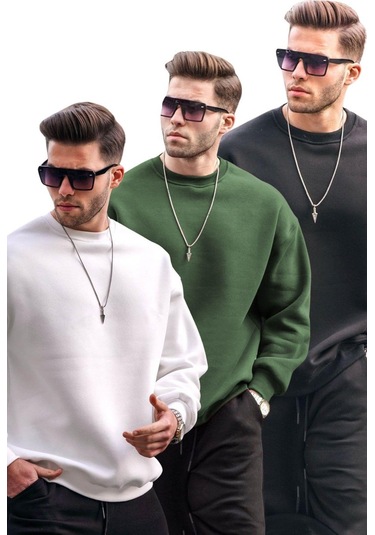 Madmext Ekru/haki/siyah Bisiklet Yaka Oversize Şardonlu Basic Erkek 3'lü Paket Sweatshirt E7448 Ekru/haki/siyah