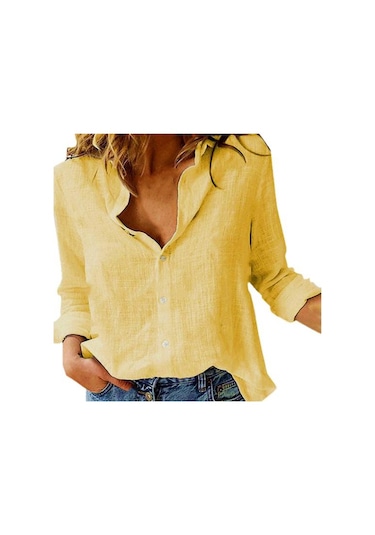 Sarı Büyük Beden Renkli Tek Sıra Düğmeli Yaz Katı Zarif Bol Kesim Gömlek Sarı