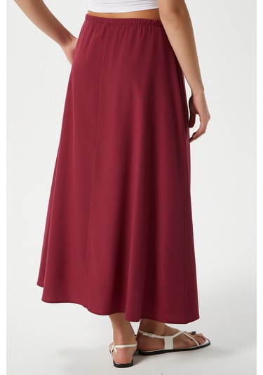 Kadın Seaside Bordo Astarlı Bel Lastikli Cepli Dokuma Uzun Etek Bordo