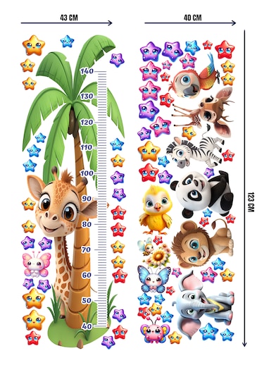 Sevimli Hayvanlar Temalı Boy Ölçer Duvar Sticker Mat, Sökülebilir, Çocuk Odası Dekoru 01
