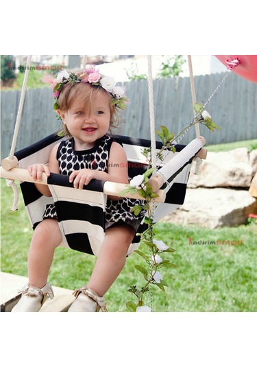 Bundera Ahşap Bebek Salıncak Çocuk Beşik Hamak Salıncağı Mavi Çizgili