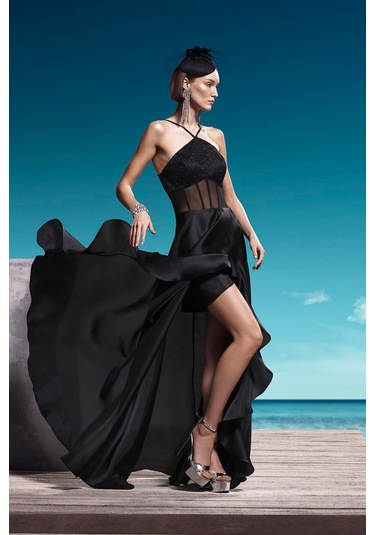 Explosion Kadın Üçgen Asimetrik Yakalı Transparan Korsajlı Şık Maxi Abiye Elbise 57659 Siyah