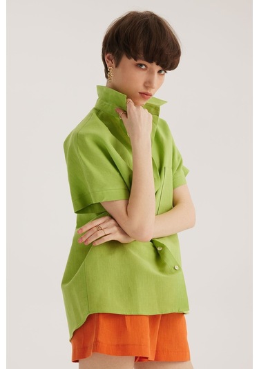 Stella Pulvis Yeşil Keten Karışımlı Tek Cep Düşük Kol Gömlek Yeşil