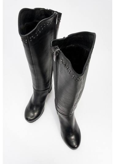 Kadın Yüksek Topuklu Fermuarlı Çizme Gerçek Deri Br 08012 Siyah Null Siyah