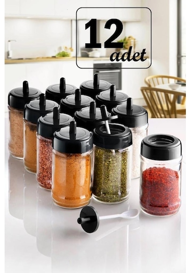 Vienev 12 Adet Kapağı Kendinden Kaşıklı Baharatlık Seti Uzun Şeffaf
