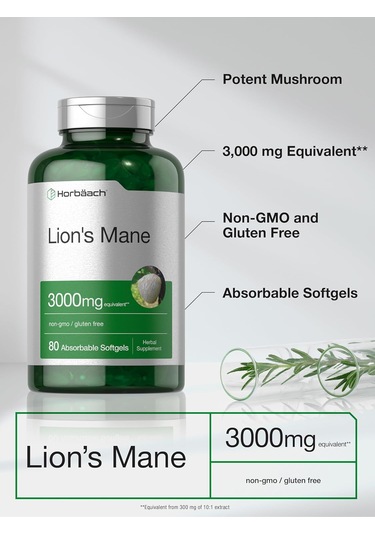 Horbäach Lions Mane Mushroom 3000mg 80 Absorbable Softgels Aromasız
