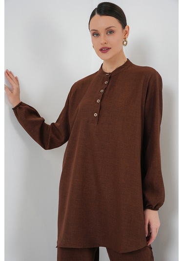 Bigdart 6678 Keten Tunik Pantolon İkili Takım - Kahverengi