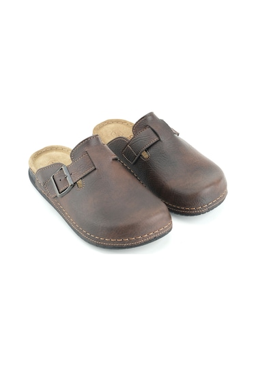Gezer Gemo Erkek İç Taban Hakiki Deri Tek Toka Ayarlanabilir Ev Bahçe Günlük Terlik Kahve