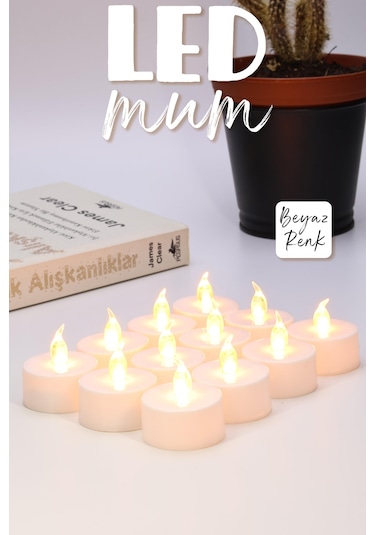 12 Adet Led Mum Tealight Mini Dumansız Pilli Alevli Dekoratif Yapay Mum Işıldak Beyaz 1036-2 Beyaz
