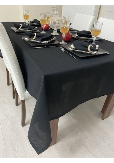 Keten Görünümlü Simli Begonvil Masa Örtüsü Siyah 25 Parça
