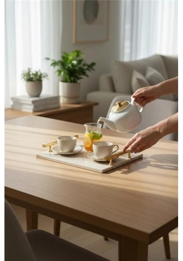 Akayev Traverten Altın Florya 30x20 Cm Tepsi Beyaz