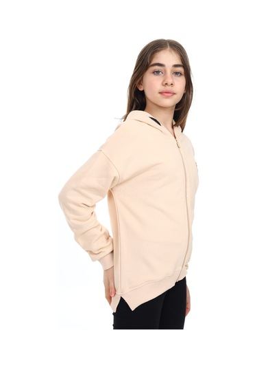 Toontoy Kız Çocuk Kapüşonlu Fermuarlı Düşük Omuz Nakış Baskılı Yırtmaç Detaylı Örme Hırka - 3 İplik Şardonsuz Bej