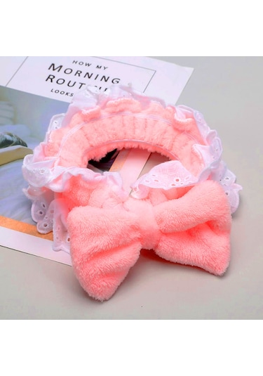 Fırfırlı Peluş Bandana Makyaj Spa Saç Bandı Fuşya Pembe