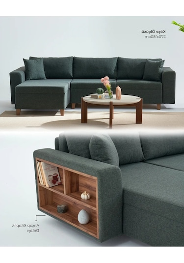 Rengar Köşe Takımı & Yataklı Bazalı Keten Kumaş Sol Köşe Koltuk Takımı - Mavi V119 Mavi