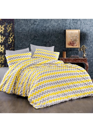 Çarşafı Lastikli Ranforce Pamuk Nevresim Takımı Tek Kişilik Sarı Zikzak