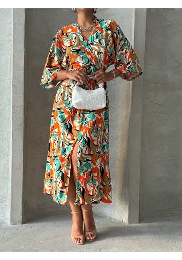 Kadın Kruvaze Yaka Yırtmaçlı Uzun Yazlık Elbise Turuncu - Yeşil