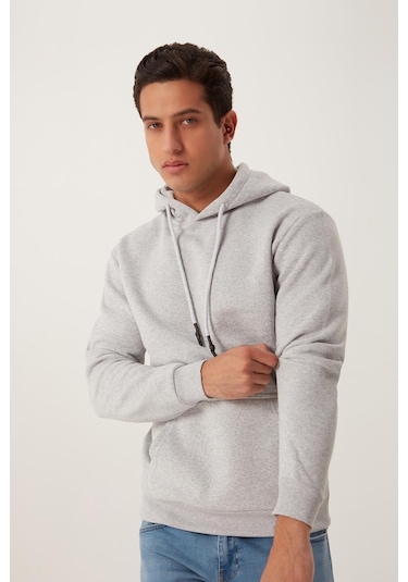 Erkek Kapüşonlu Kanguru Cep 3 İplik Sweatshirt Gri Melanj
