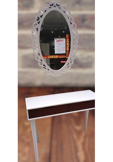 Dresuar Ahşap Kayın Retro Ayak Çift Çekmece Motifli Ayna Beyaz Ceviz El Yapımı Beyaz