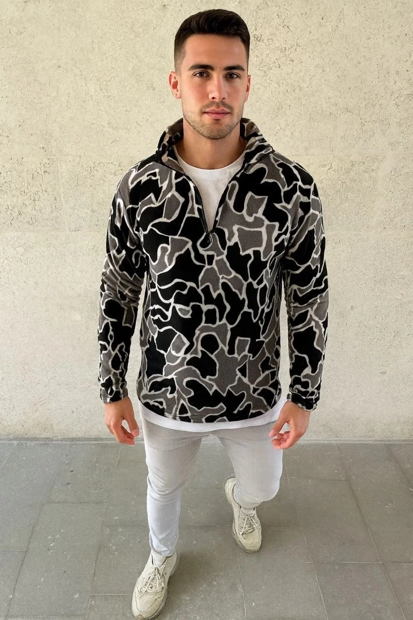 Erkek Yarım Fermuarlı Desenli Polar Sweat Yakalı, Uzun Kollu, Oversize Rahat Kalıp - Siyah Siyah