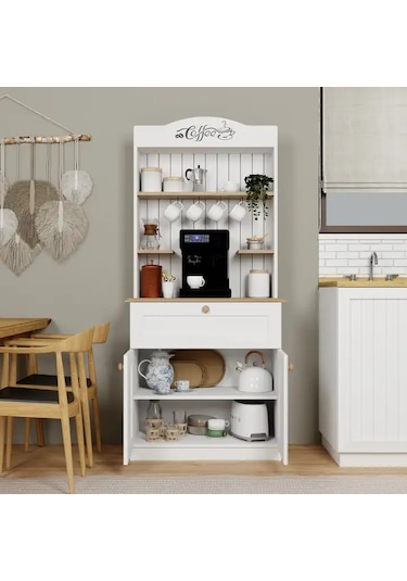 Lucas 2 Kapaklı Çekmeceli Kahve Köşesi Ve Çok Amaçlı Mutfak Dolabı - Açık Ceviz & Beyaz Açık Ceviz & Beyaz