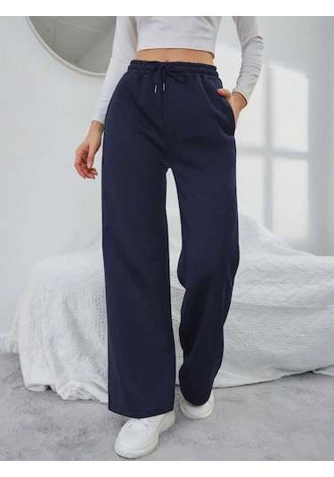 Kallima Kışlık Polarlı Yüksek Bel Lacivert Bol Paça Eşofman Altı Siyah